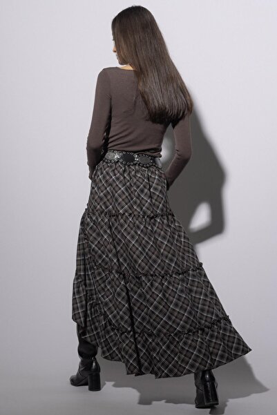 Olcay Ruffled Plaid Skirt with Flounces Brown 7067