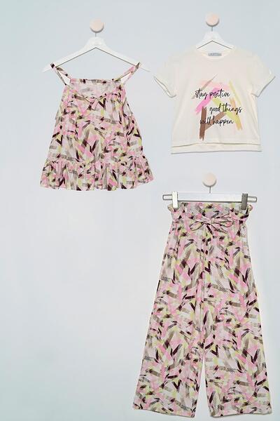 FOR YOU MODA 3-teiliges Set aus ecrufarbener, gemusterter Bluse, T-Shirt und Hose