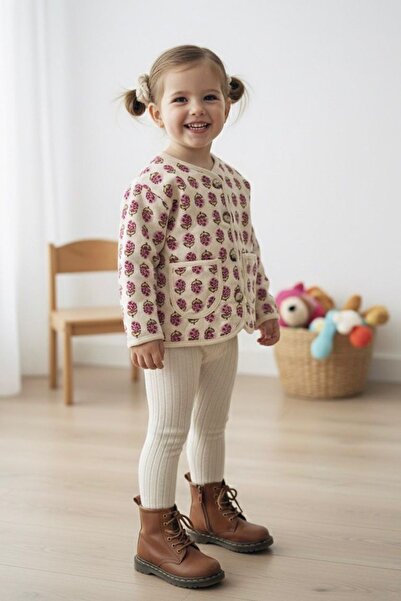 Minigimin Cicileri My Little One's Cicileri Floral Patterned Girl's Cotton Quilted Cardigan - Mürdum