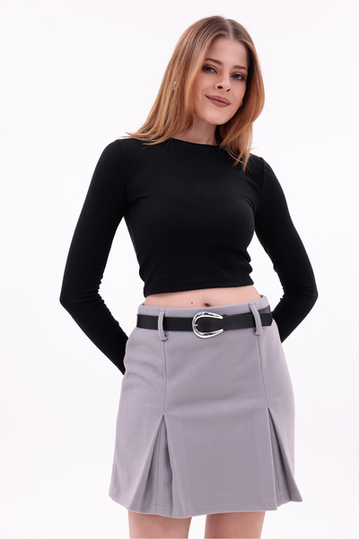 mooishan Novel Women's High Waist Belted Pleated Cashmere Mini Skirt New Season