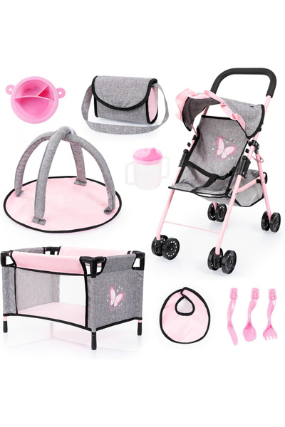 Bayer Buggy Grey/Pink doll care set with foldable stroller, crib, activity center