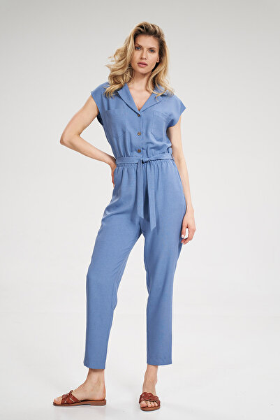 Figl Salopetă elegantă cu mânecă scurtă - salopetă cu legături în talie albastră M695 mărimea L