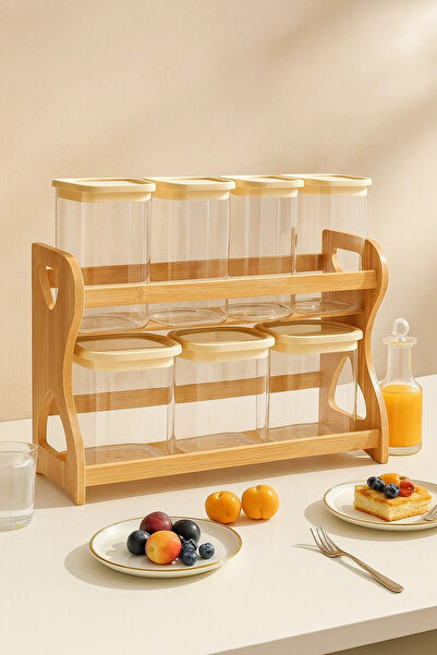 Urbanza 7 Round Storage Jars with Cream Lids & Wooden Rack – Kitchen Spice & Food Organizer Set