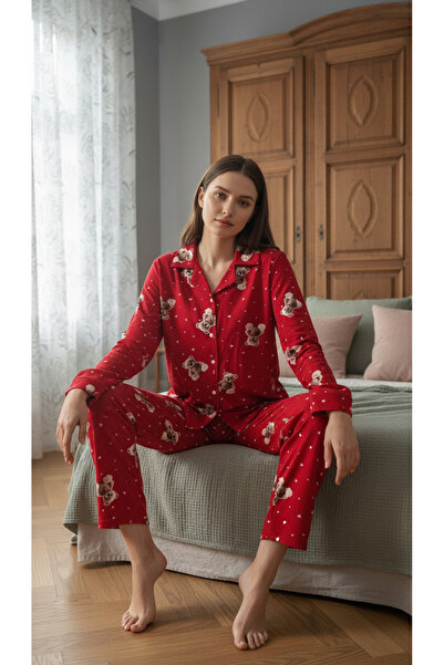 Fanwet Women's Suede Velvet Long Sleeve Red Teddy Bear Detailed Front Buttoned Shawl Collar Shirt Pajama Set