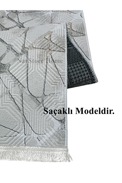 NaRStore Home Dinar Saçaklı Mila Taş Gri Kaymaz Taban Yıkanabilir Kesme Yollu...