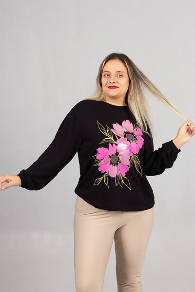 Truva XXL Φούτερ με λαιμόκοψη με μαύρο λουλούδι με τύπωμα 2 νήματα επένδυση fleece χτενισμένο βαμβακερό φούτερ