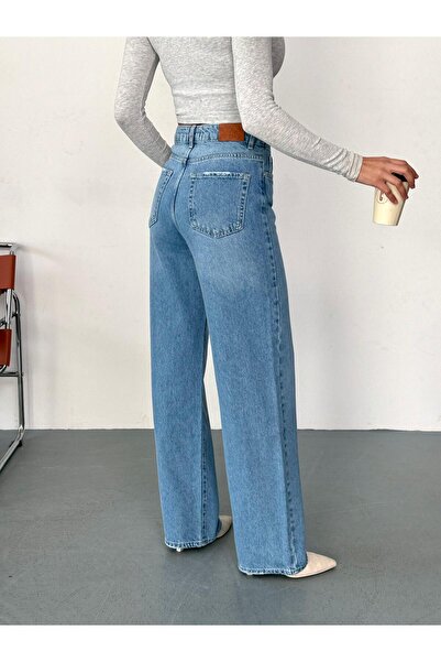 XBELLA DENİM Women's Blue Washed Wide-Leg Jean High-Waisted Wide-Leg Jeans