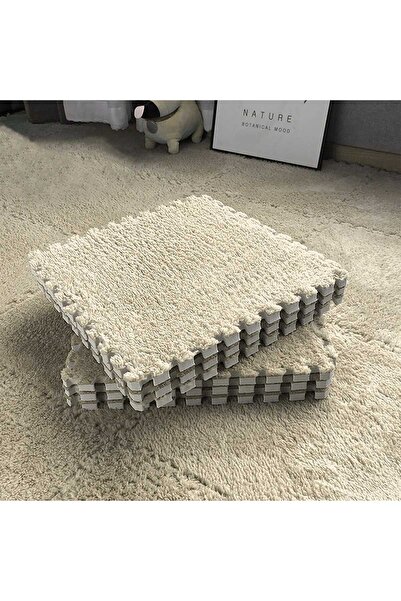 Faria Fluffy Puzzle Carpet with Polystyrene Base and EVA Foam 32x32 cm + Extra Edge (1 pc), Light Cream