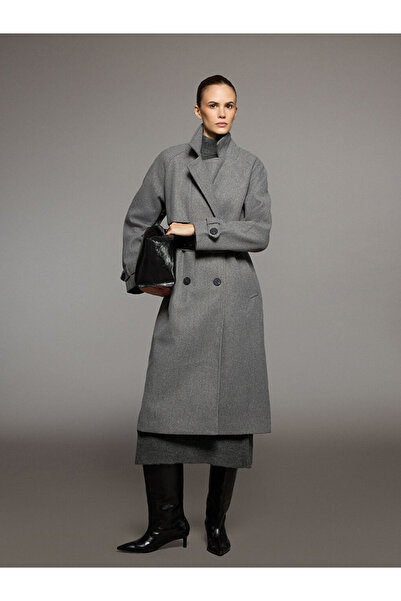 LC Waikiki Vision Gray Jacket Collar Oversized Women's Cashmere Coat