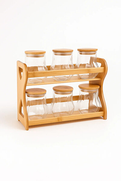 Urbanza 6 Glass Jars with Bamboo Lids & Wooden Rack – Kitchen Spice Storage Organizer Set