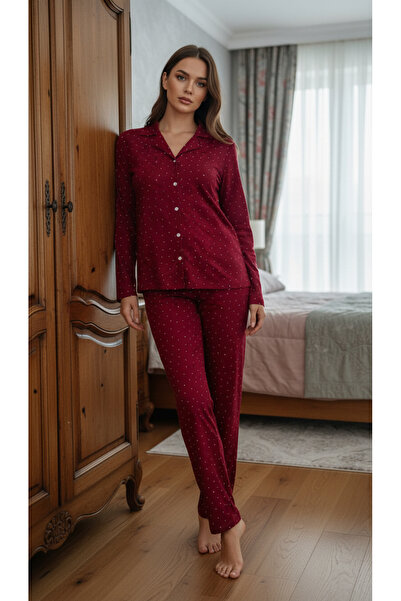 Fanwet Women's Front Buttoned Winter Burgundy Color White Polka Dot Patterned Suede Pajama Set