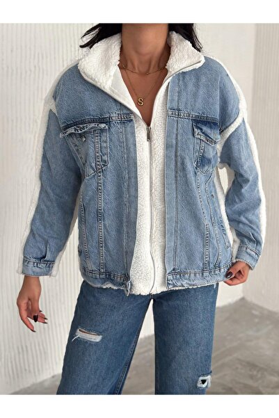 Elaxi Women's Blue Denim Paneled Zippered White Lamb Plush Coat