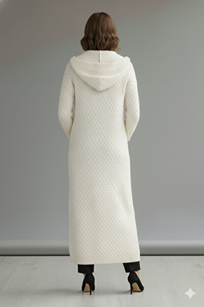 benguen Hooded Patterned Long Knit Cardigan R4328 Ecru