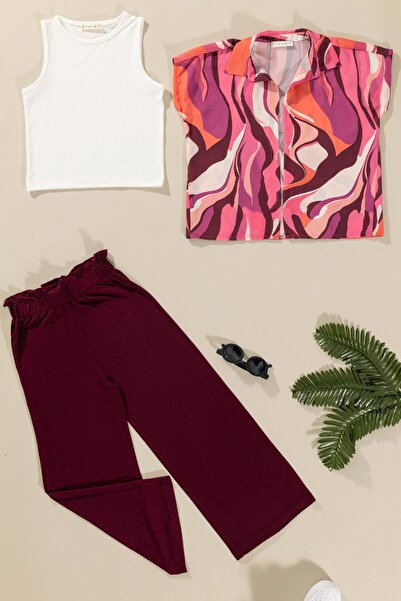 FOR YOU MODA 3-teiliges Set aus gemustertem Hemd, T-Shirt und Hose in Burgunderrot