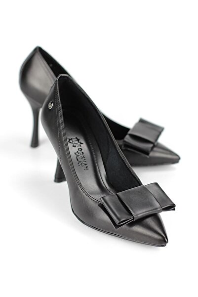 Gökhan Talay Polina Flexible Soft Non-Slip Sole (8 cm) Black Leather Corner Bow Women's Heeled Shoes