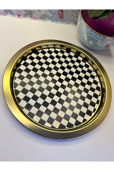 MOMSTAR Ahşap Kahve Sunum Tepsi Mackenz Dama Desen 20 cm Çap