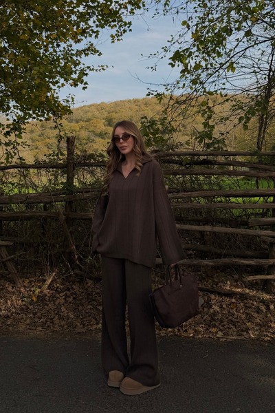 Laluvia Brown Polo Neck Knitwear Set - 4588