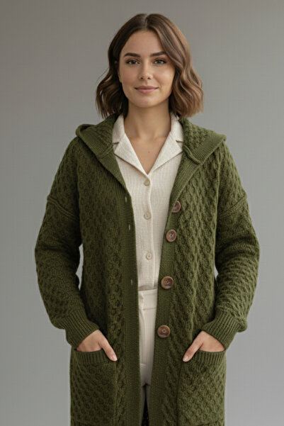 benguen Hooded Patterned Long Knit Cardigan R4328 Khaki