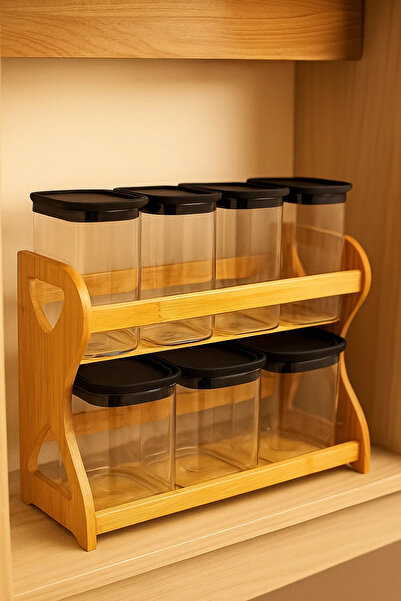 Urbanza 7 Rectangular Storage Jars with Black Lids & Wooden Rack – Kitchen Spice Organizer Set
