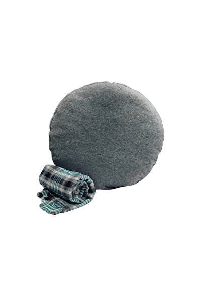 Sevenwoven Yuvarlak Gri Dolgulu Kırlent + Ekose Battaniye Seti – 2’li Yumuşak...