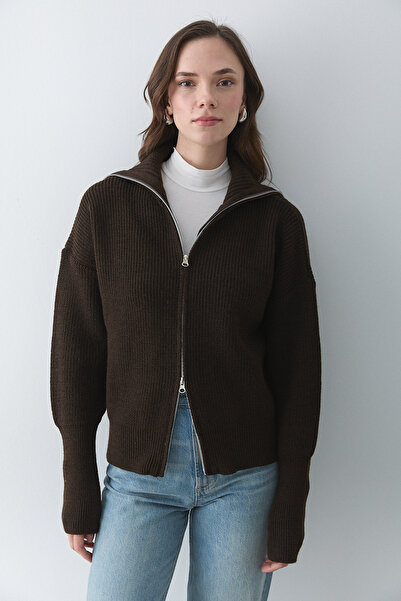 Laluvia Brown Double Zipper Cardigan - 251080