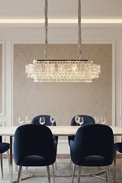 Ünal Aydınlatma Cristalin Krom 90 cm Kristal Taşlı Modern Avize – Yemek Masas...