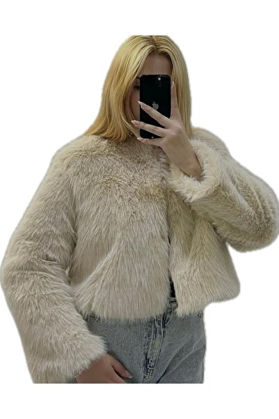 Butik Lüya Kadın bej renk içi astarlı yakasız gizli çengeli olan kürk