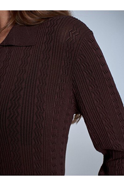 Dilvin 10827 Polo Neck Button. Lace-Like Knit Knitwear Sweater