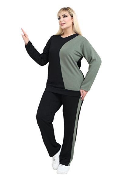 MELSAY Women's Plus Size Black-Green Color Block Modal Tracksuit Set