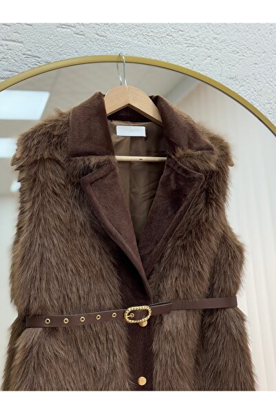 MİHRA STORE Finetta Metal Buttoned Fur Vest-En2209 Brown