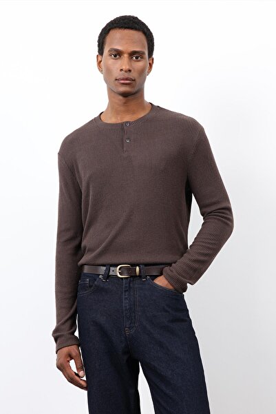 Antioch Brown Corded Fabric Button Collar T-Shirt