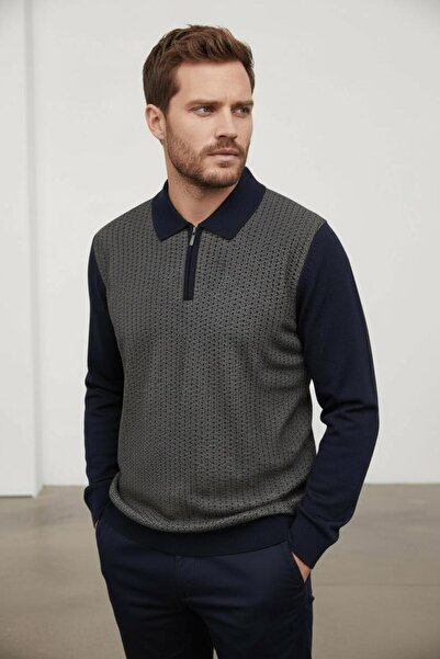 Sarar Πλεκτό πουλόβερ με φερμουάρ και γιακά πόλο σε μπλε ναυτικό μπεζ