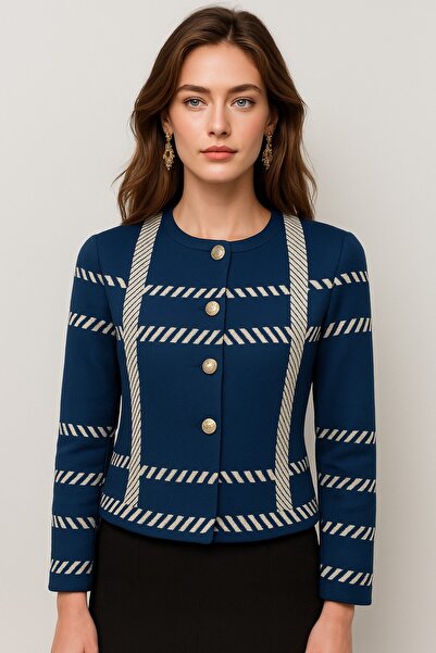 Okçu Triko Çizgili Desenli Triko Ceket-25K43708-LACİVERT-22