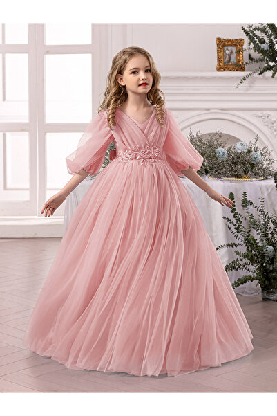 Take Two By Styli Pink Mesh Lace Detail Balloon Sleeve Dress