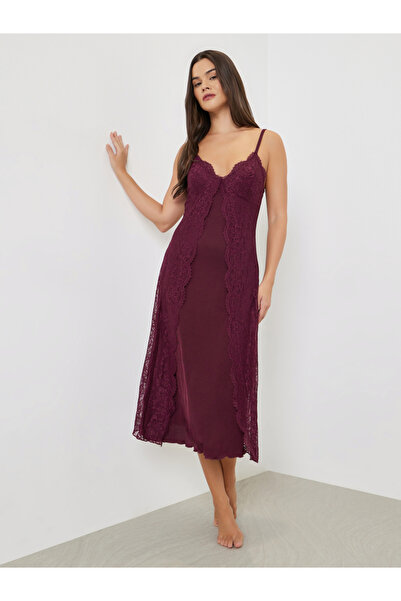Styli Burgundy Lace Overlay Strappy Slip Dress
