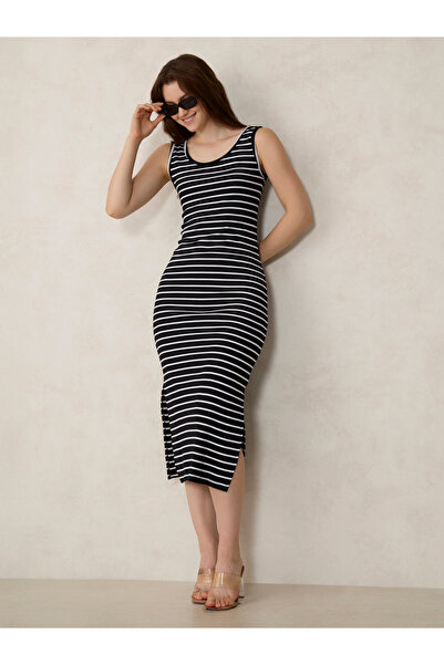 Outzidr By Styli Black Striped Knit Tank Midi Dress