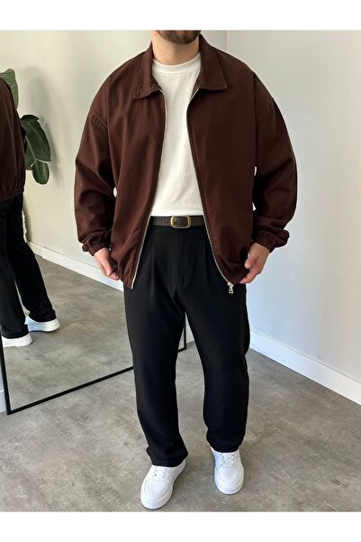 freemen Men's Basic Gabardine Fabric Zippered Oversized Transitional Polo Collar Tile Jacket