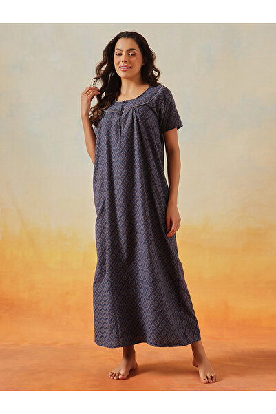 Clovia By Styli Geometric Print Long Nightdress - Cotton