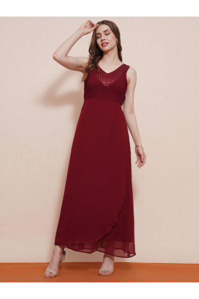 Globus By Styli Women Maroon V-Neck Sequined Maxi Dress
