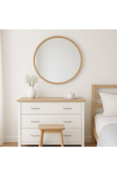 Ebticar Round Wooden Frame Mirror – 70×70 (Wood)