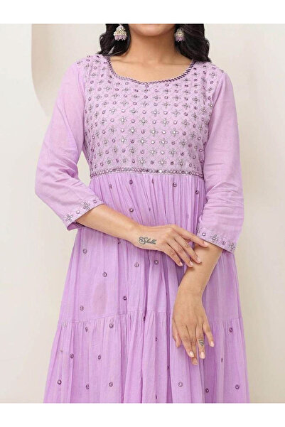 Ishin By Styli Lilac Mirror-Work Tiered Maxi Dress