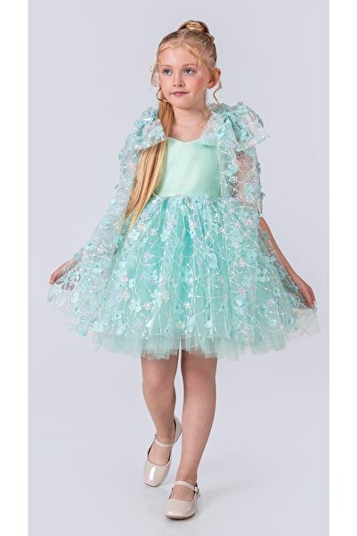 Mnk Baby&Kids Floral Embroidery Pattern İmeros Girl Evening Dress M00736 Mint Green