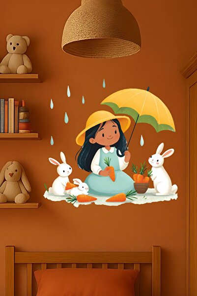 Aysha Tasarım Girl with Umbrella and Rabbits Wall Sticker |   Animal Themed C...