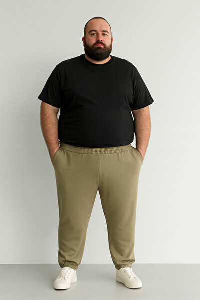 metsawear Khaki Color Plus Size Bottom Tracksuit – 2 Thread, Comfortable Cut Inside Fleece-Lined