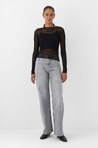 MARKALİSTE Ημιδιαφανές μακρυμάνικο μπλουζάκι κοτλέ μαύρο