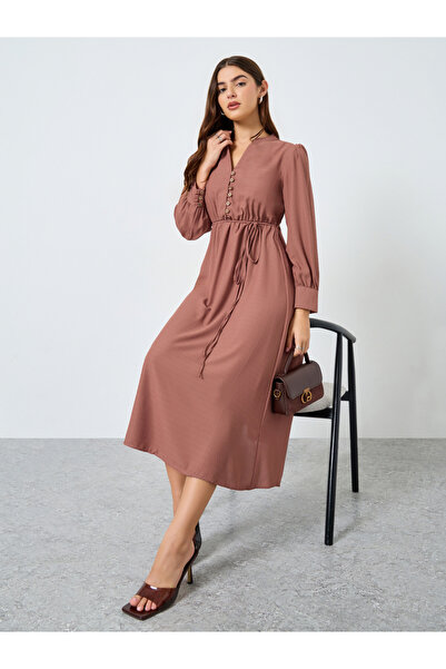Maxim Creation By Styli Beige Long Sleeves Buttoned Maxi Dress