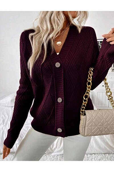 SolQ Baklava Patterned Buttoned Model Woven Detailed Long Sleeve Knitwear Cardigan
