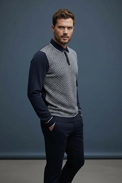 Sarar Πουλόβερ με γεωμετρικό σχέδιο με γιακά πόλο σε μπλε ναυτικό γκρι πλεκτό πουλόβερ