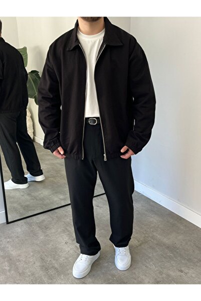 freemen Men's Basic Gabardine Fabric Zippered Oversized Transitional Polo Collar Black Jacket