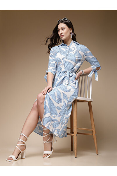 Freehand By Styli White Leaf Print Buttoned Midi Dress